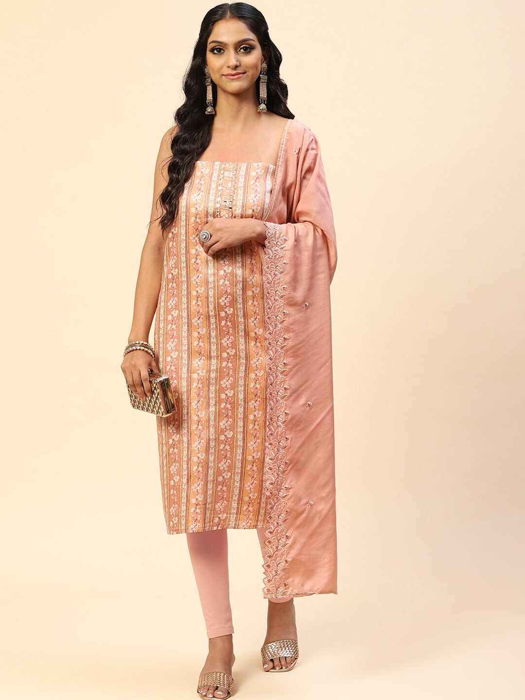 

Meena Bazaar Floral Embroidered Unstitched Dress Material, Peach