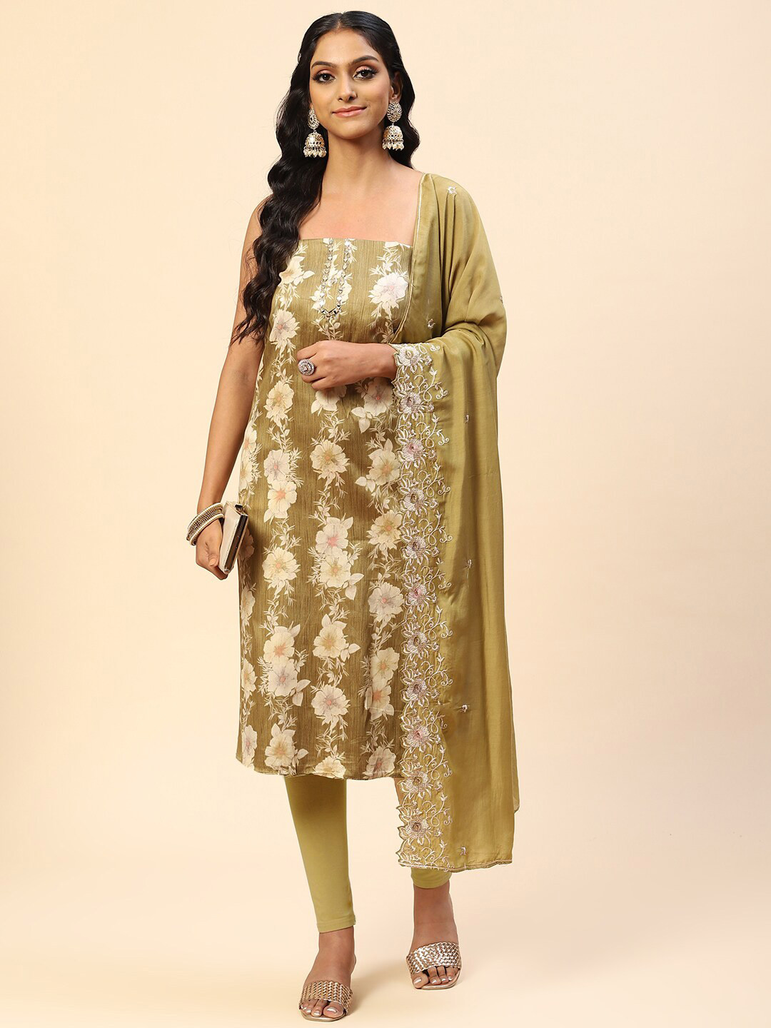 

Meena Bazaar Floral Embroidered Unstitched Dress Material, Olive