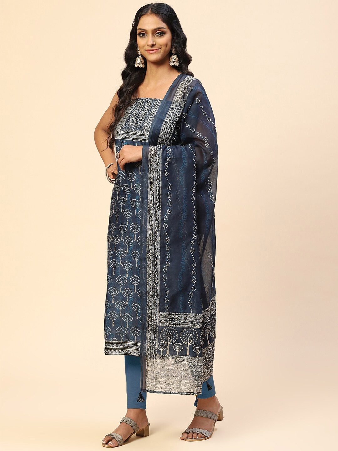 

Meena Bazaar Embroidered Chanderi Unstitched Dress Material, Navy blue