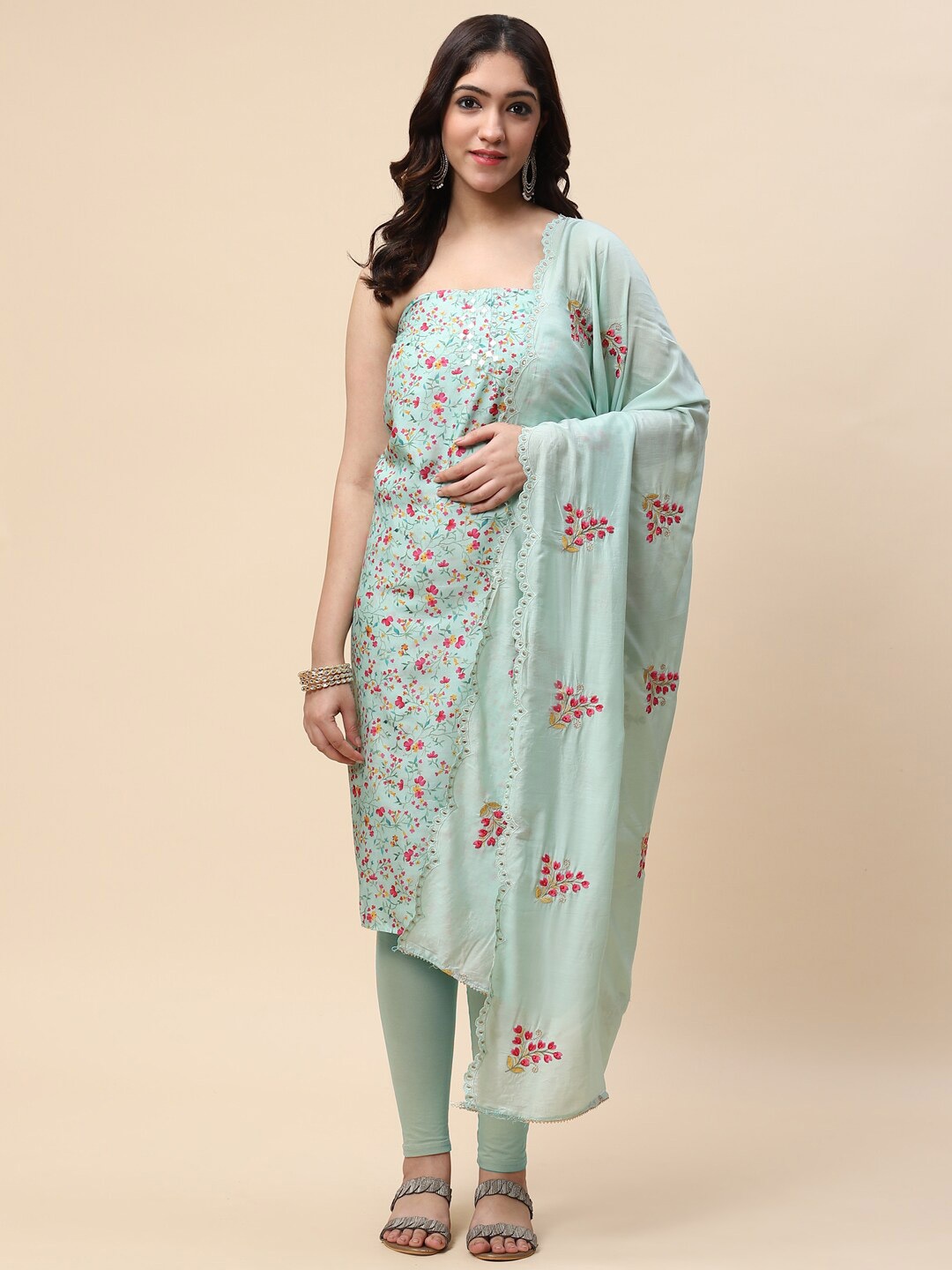 

Meena Bazaar Embroidered Chanderi Unstitched Dress Material, Sea green
