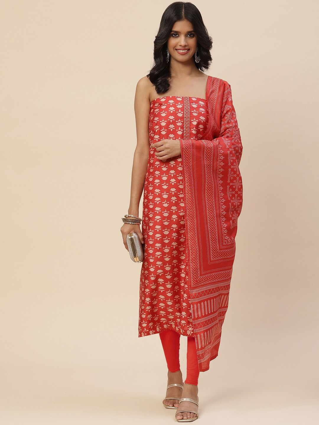 

Meena Bazaar Printed Chanderi Unstitched Dress Material, Red