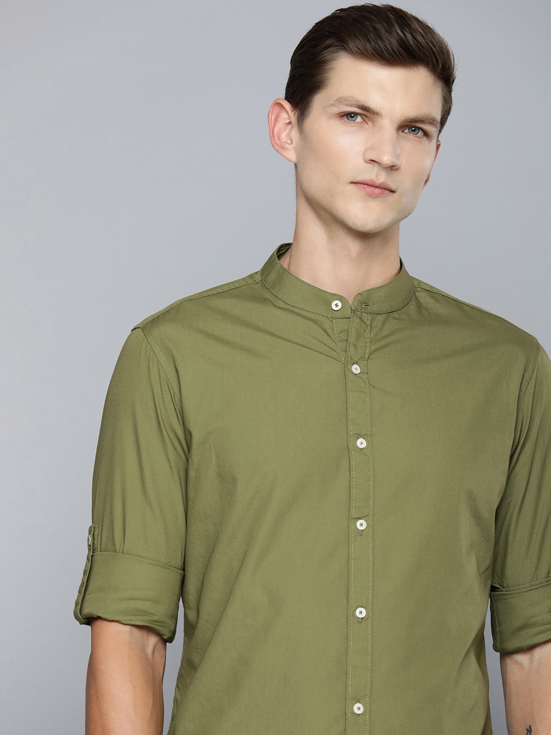 

ether Pure Cotton Band Collar Solid Regular Fit Casual Shirt, Olive