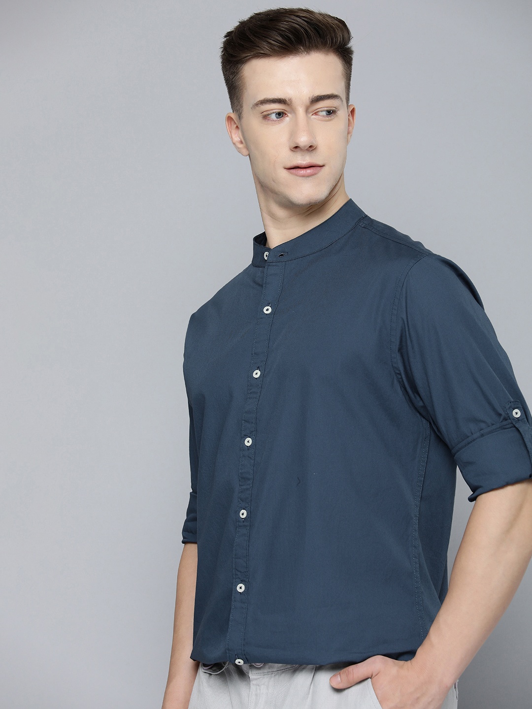 

ether Pure Cotton Band Collar Solid Regular Fit Casual Shirt, Navy blue