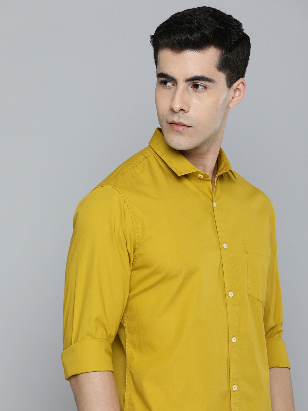 

ether Men Pure Cotton Solid Spread Collar Casual Shirt, Mustard