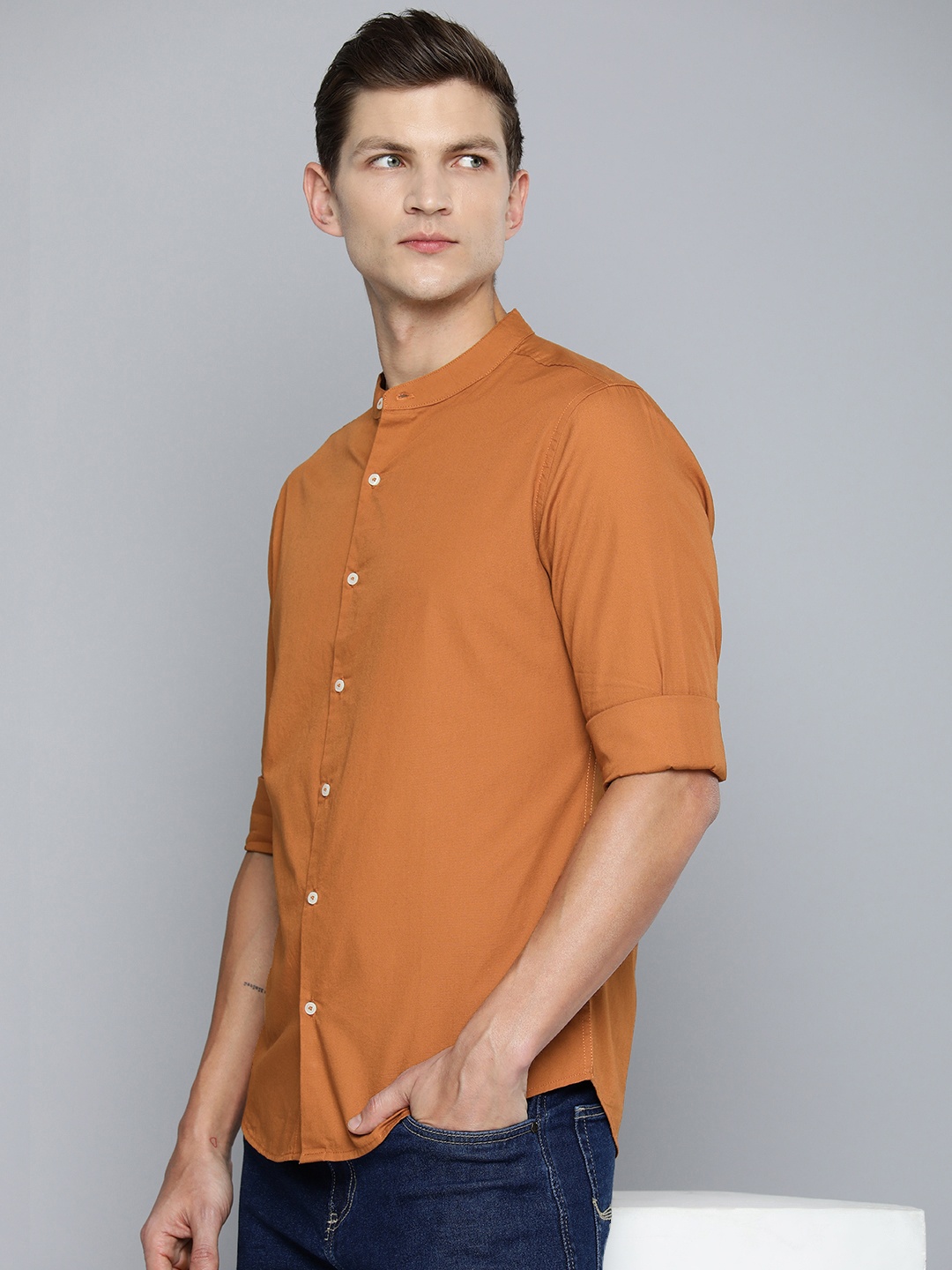 

ether Pure Cotton Band Collar Solid Regular Fit Casual Shirt, Brown