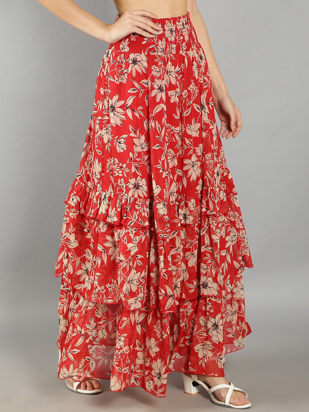

DEBONATELLA Floral Printed Flared Maxi Skirt, Red
