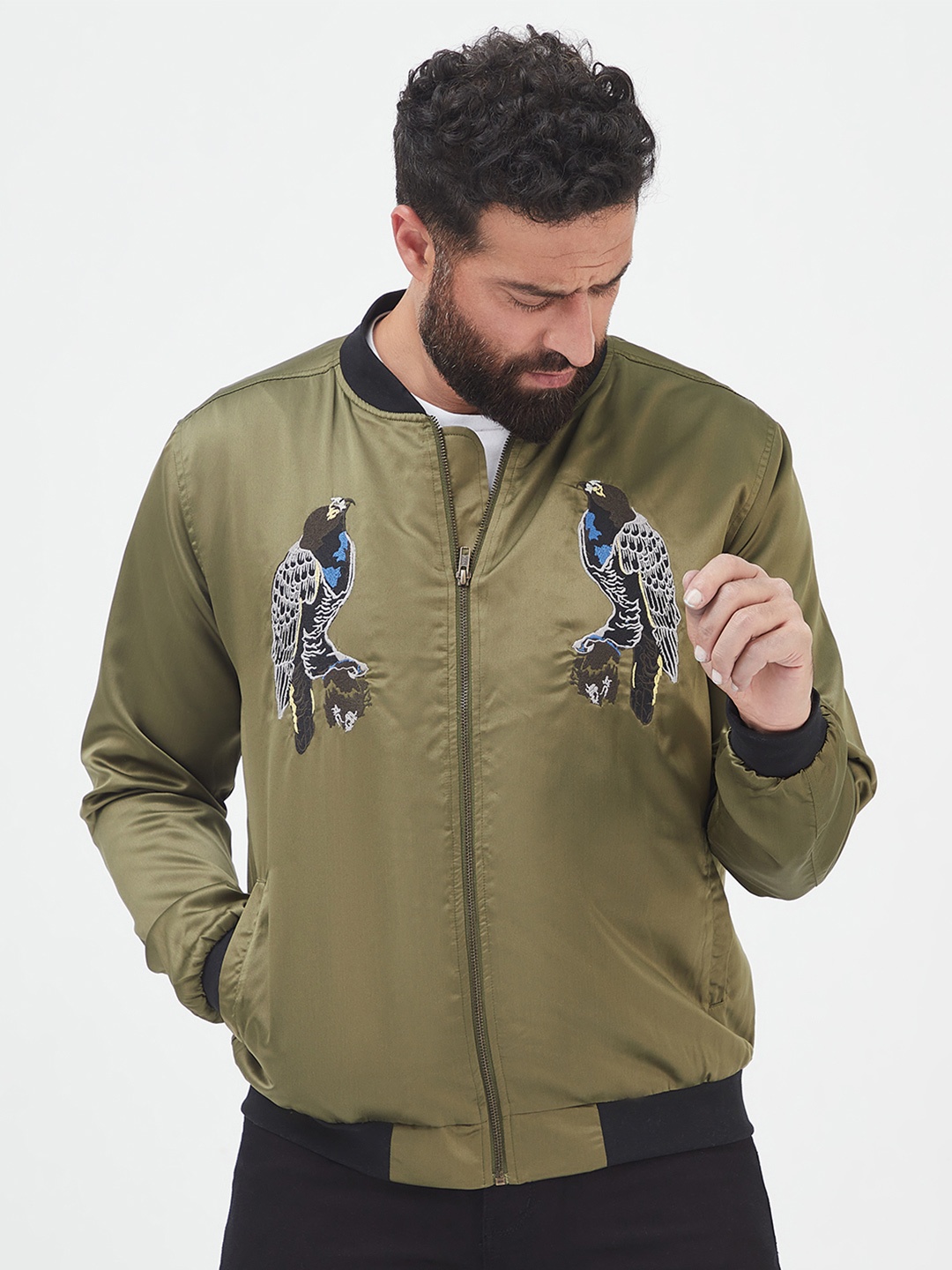 

MR BUTTON Men Bomber With Embroidered Jacket, Green