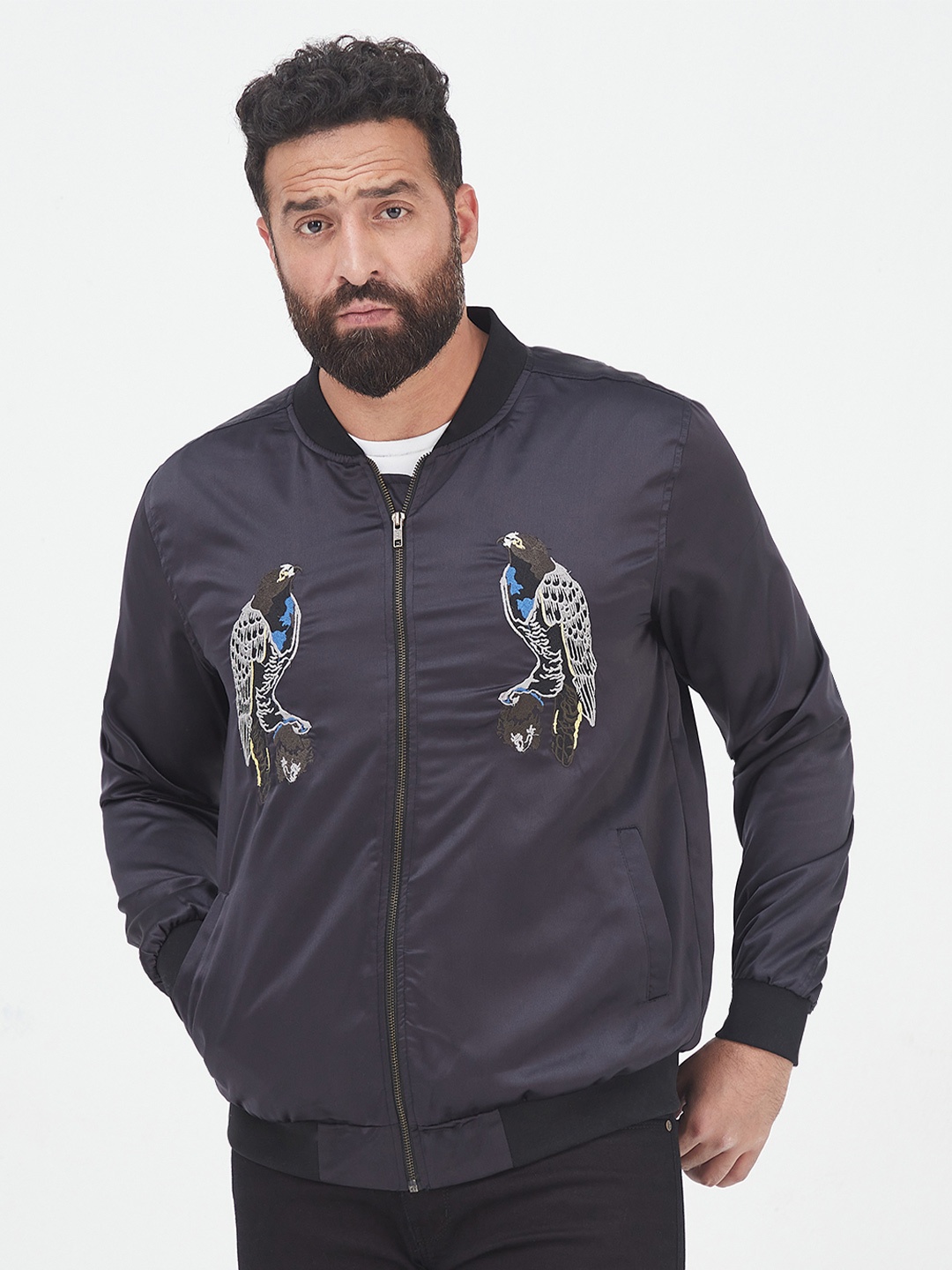 

MR BUTTON Men Bomber Jacket with Embroidered, Blue
