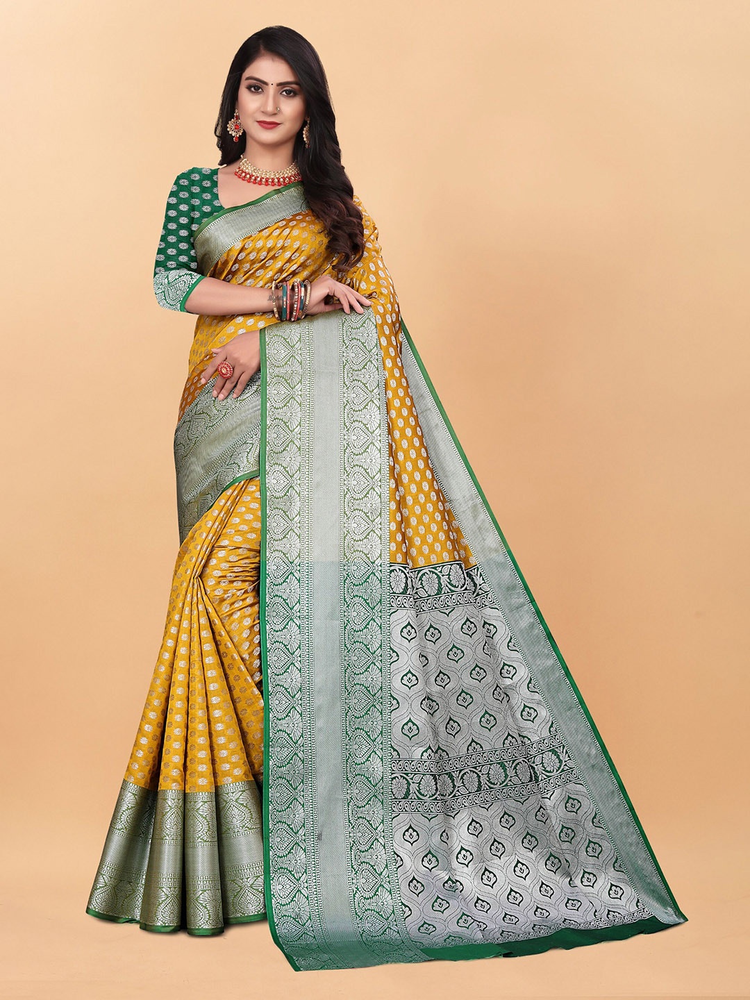 

KALINI Woven Design Zari Pure Silk Kanjeevaram Saree, Yellow