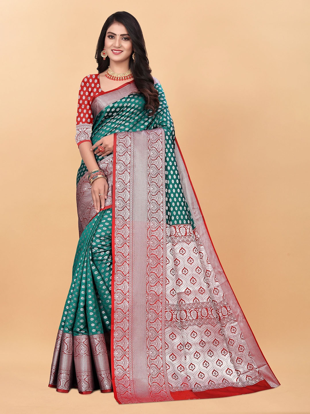 

KALINI Woven Design Zari Pure Silk Kanjeevaram Saree, Green