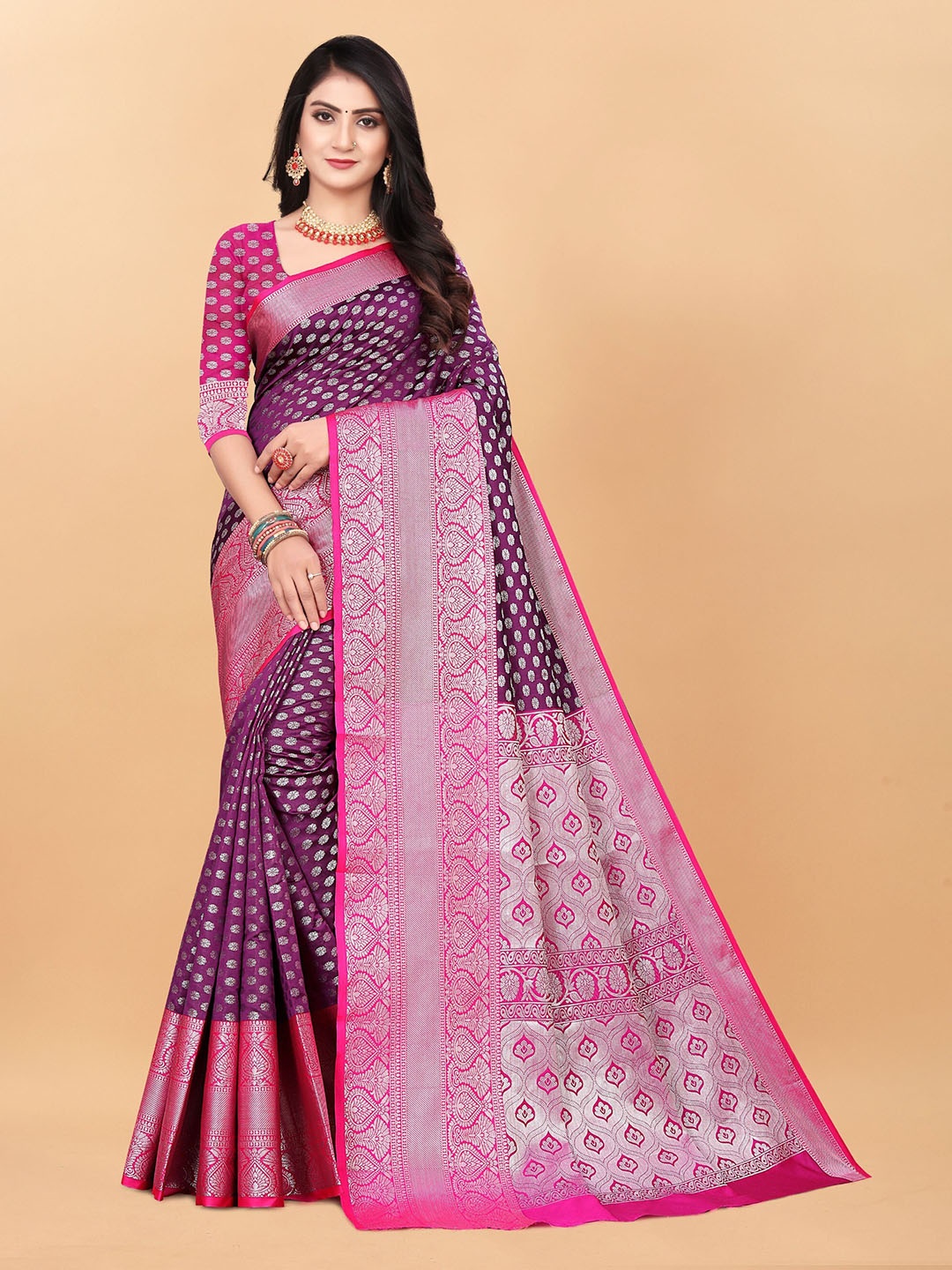 

KALINI Woven Design Zari Pure Silk Kanjeevaram Saree, Magenta