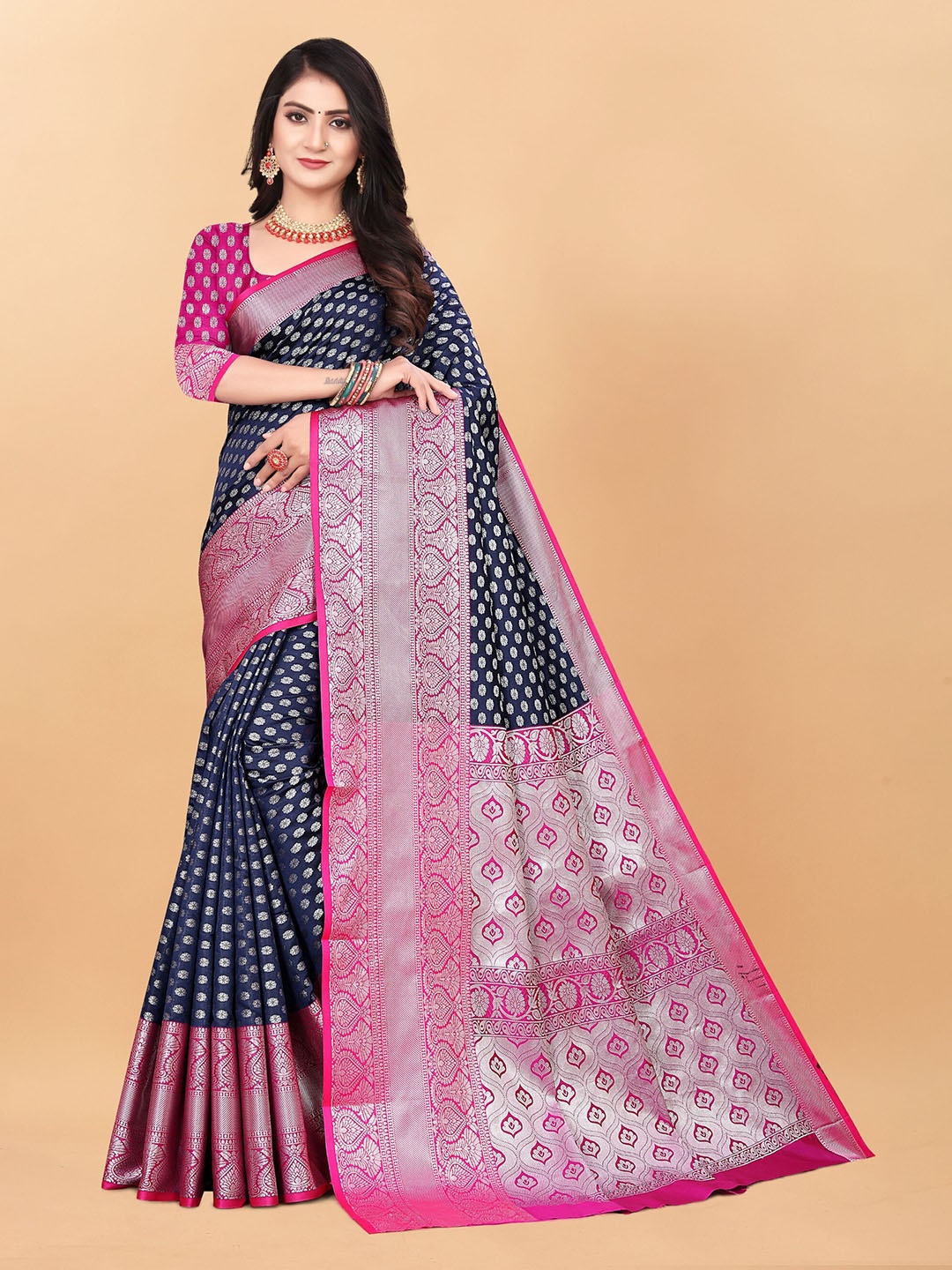 

KALINI Ethnic Motifs Zari Pure Silk Kanjeevaram Saree, Blue