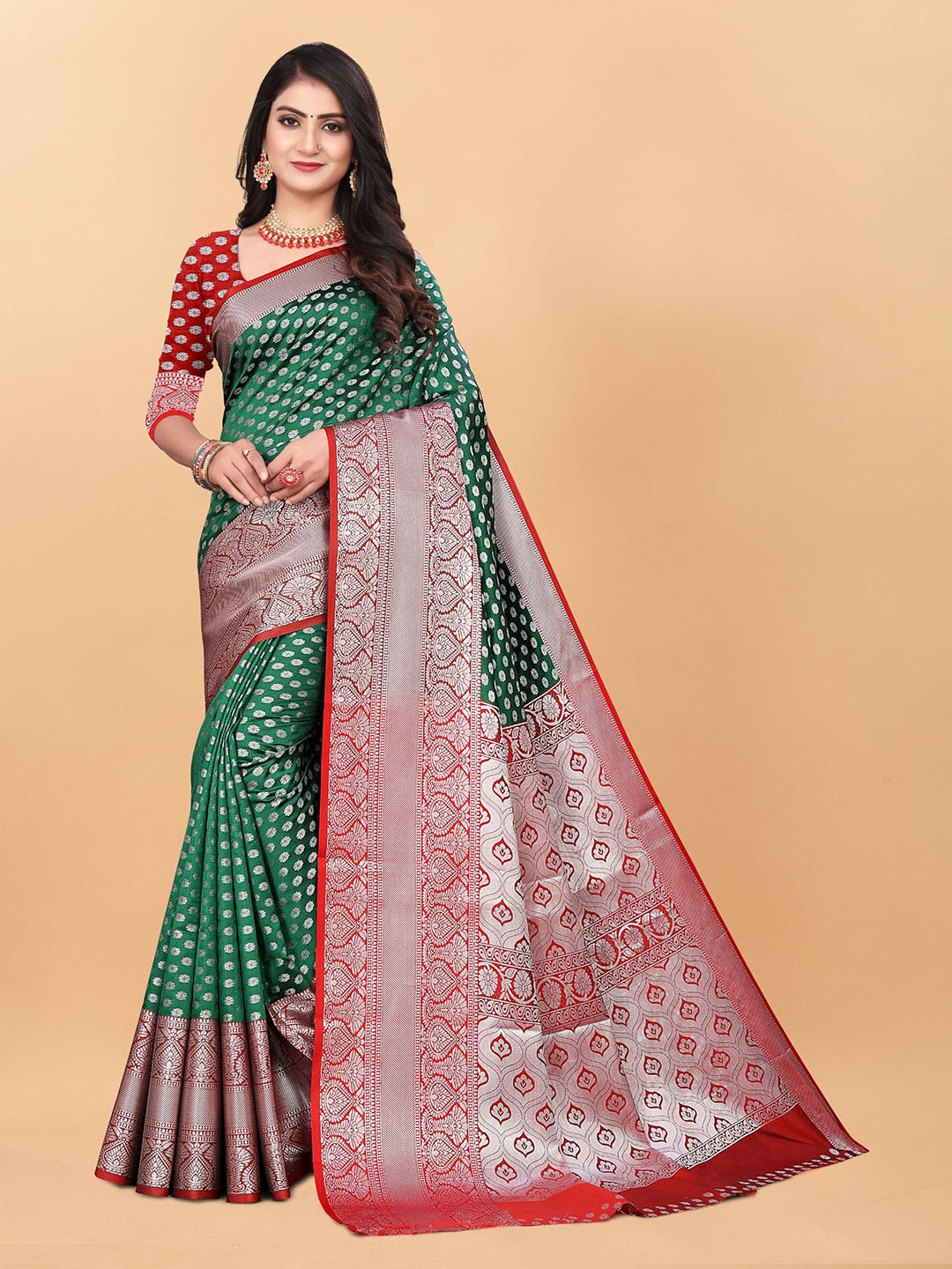 

KALINI Ethnic Motifs Zari Pure Silk Kanjeevaram Saree, Green