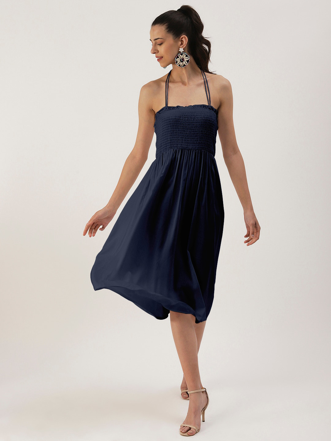 

DressBerry Square Neck Smocked Midi Dress, Navy blue