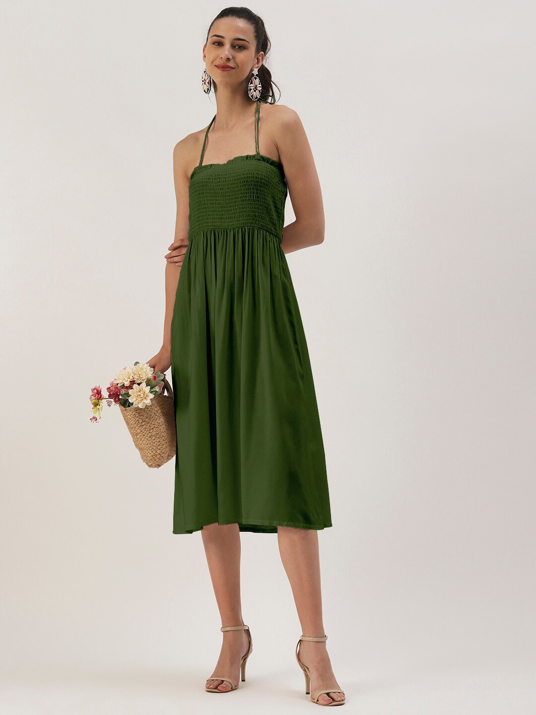

DressBerry Halter Neck Smocked Midi Dress, Green