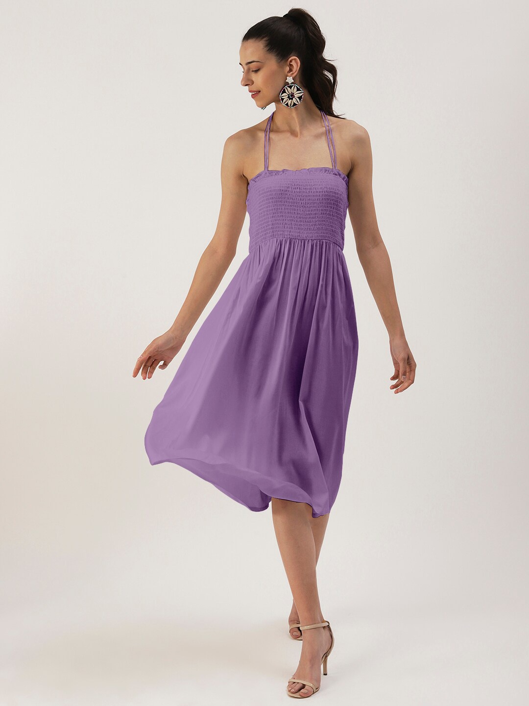 

DressBerry Halter Neck Smocked Flared Midi Dress, Lavender