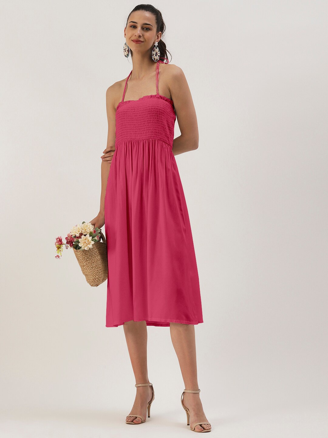 

DressBerry Square Neck Smocked Midi Dress, Pink