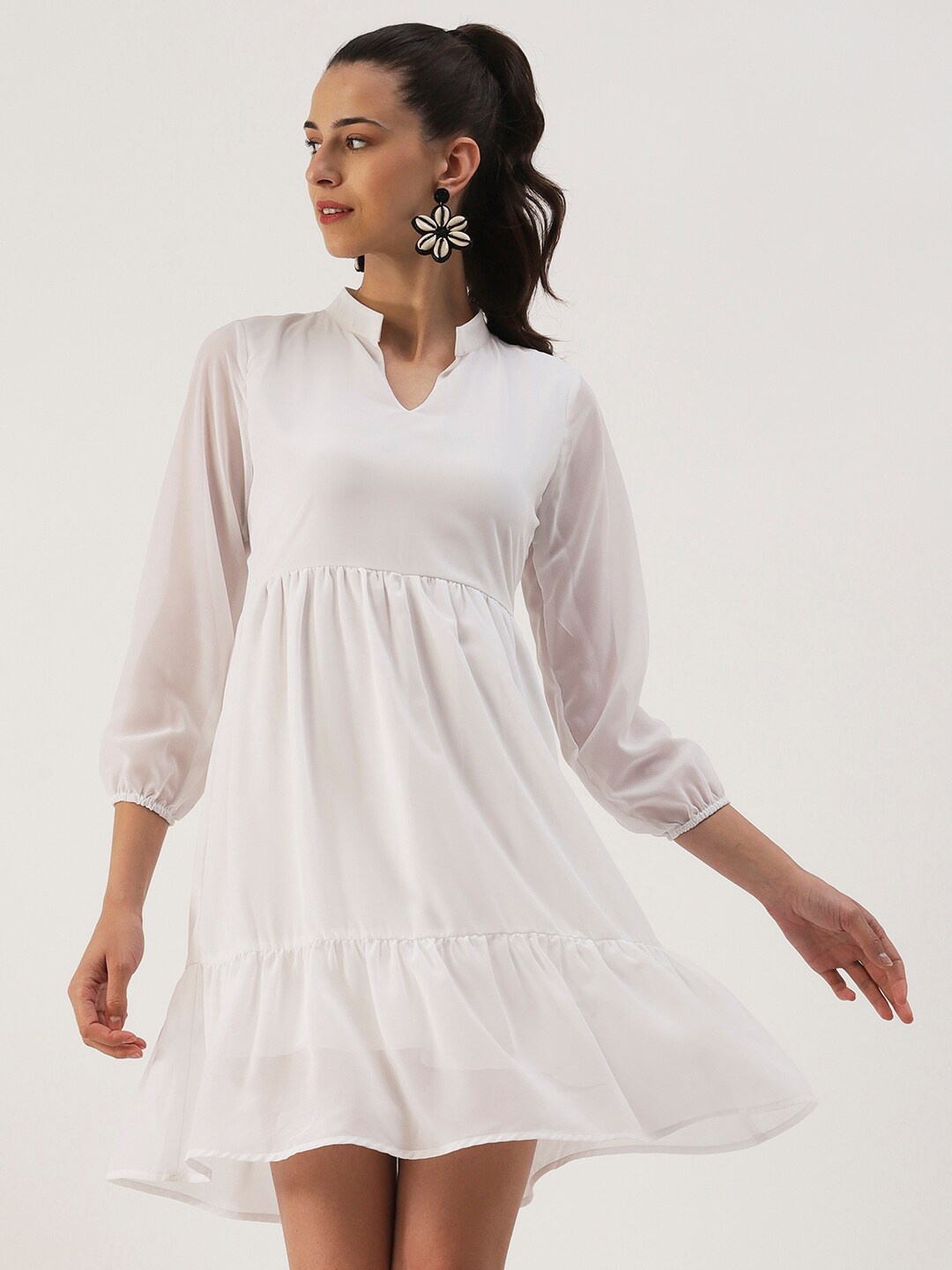 

DressBerry Mandarin Collar Georgette Fit And Flare Dress, White