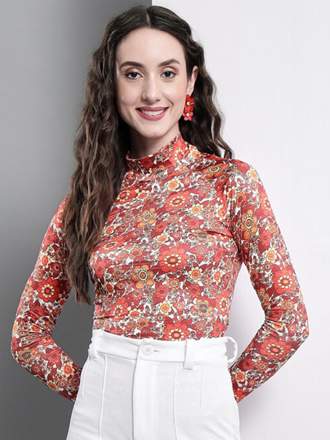 

Darzi Floral Printed High Neck Regular Top, Red