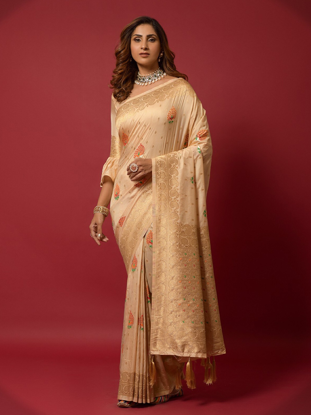 

ODETTE Woven Design Zari Saree, Cream