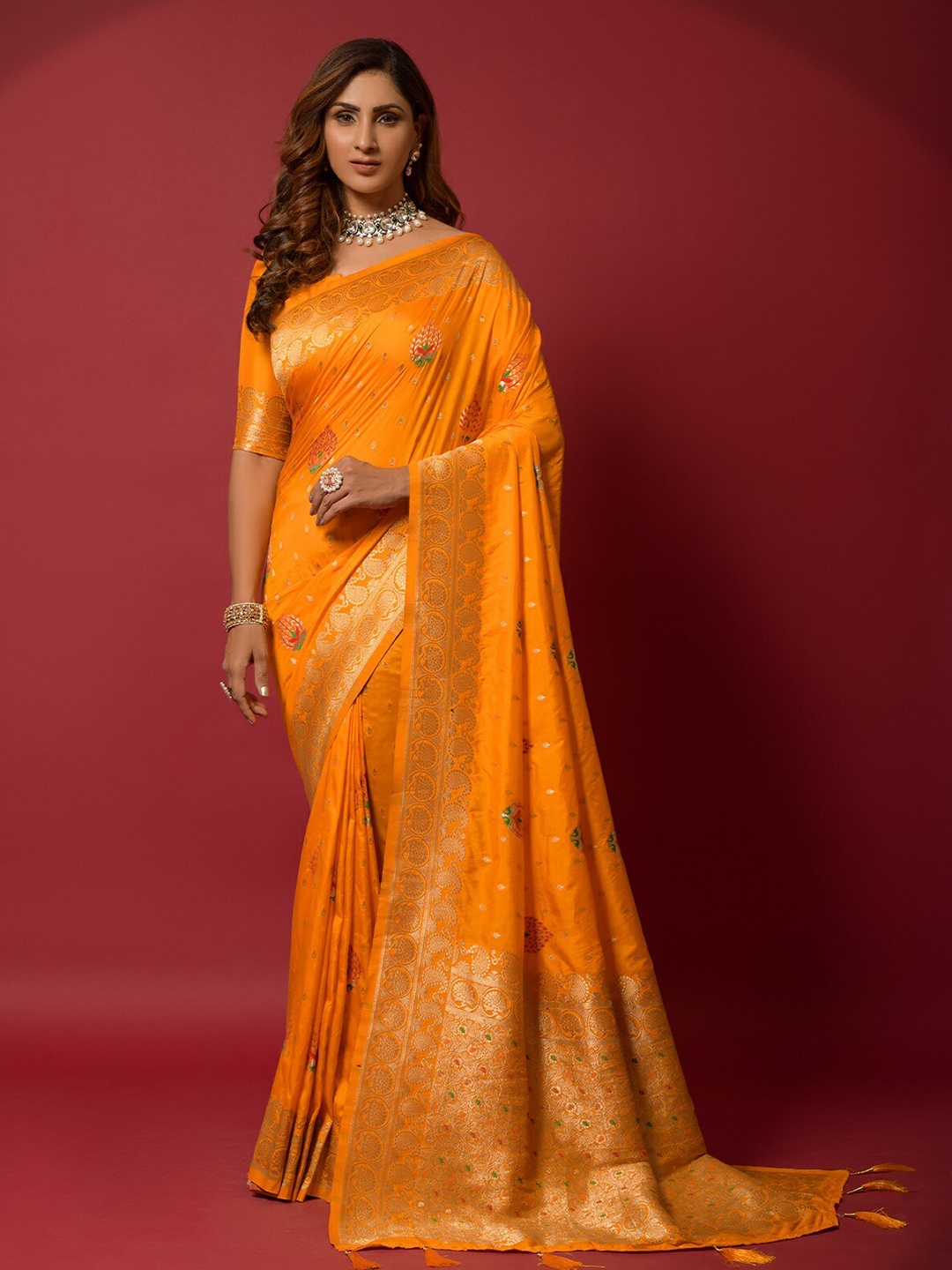 

ODETTE Woven Design Zari Saree, Orange