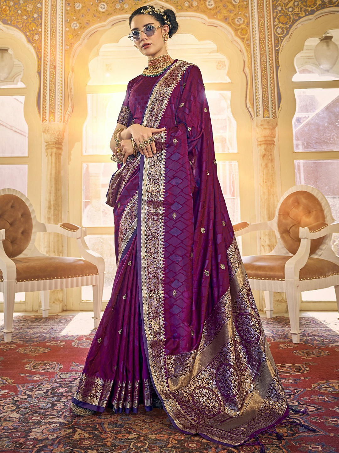 

ODETTE Woven Design Zari Saree, Purple