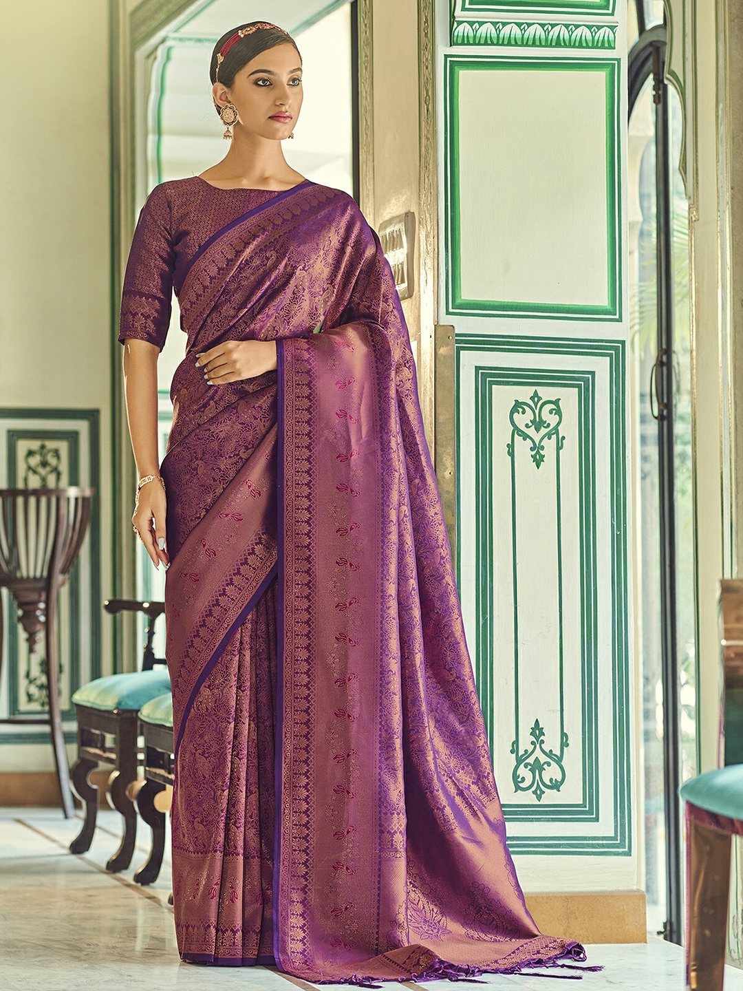 

ODETTE Woven Design Zari Saree, Purple