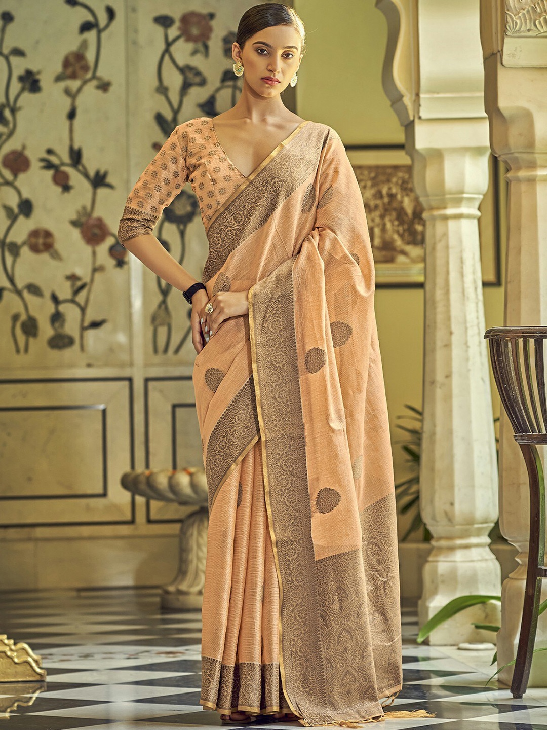 

ODETTE Woven Design Zari Saree, Orange