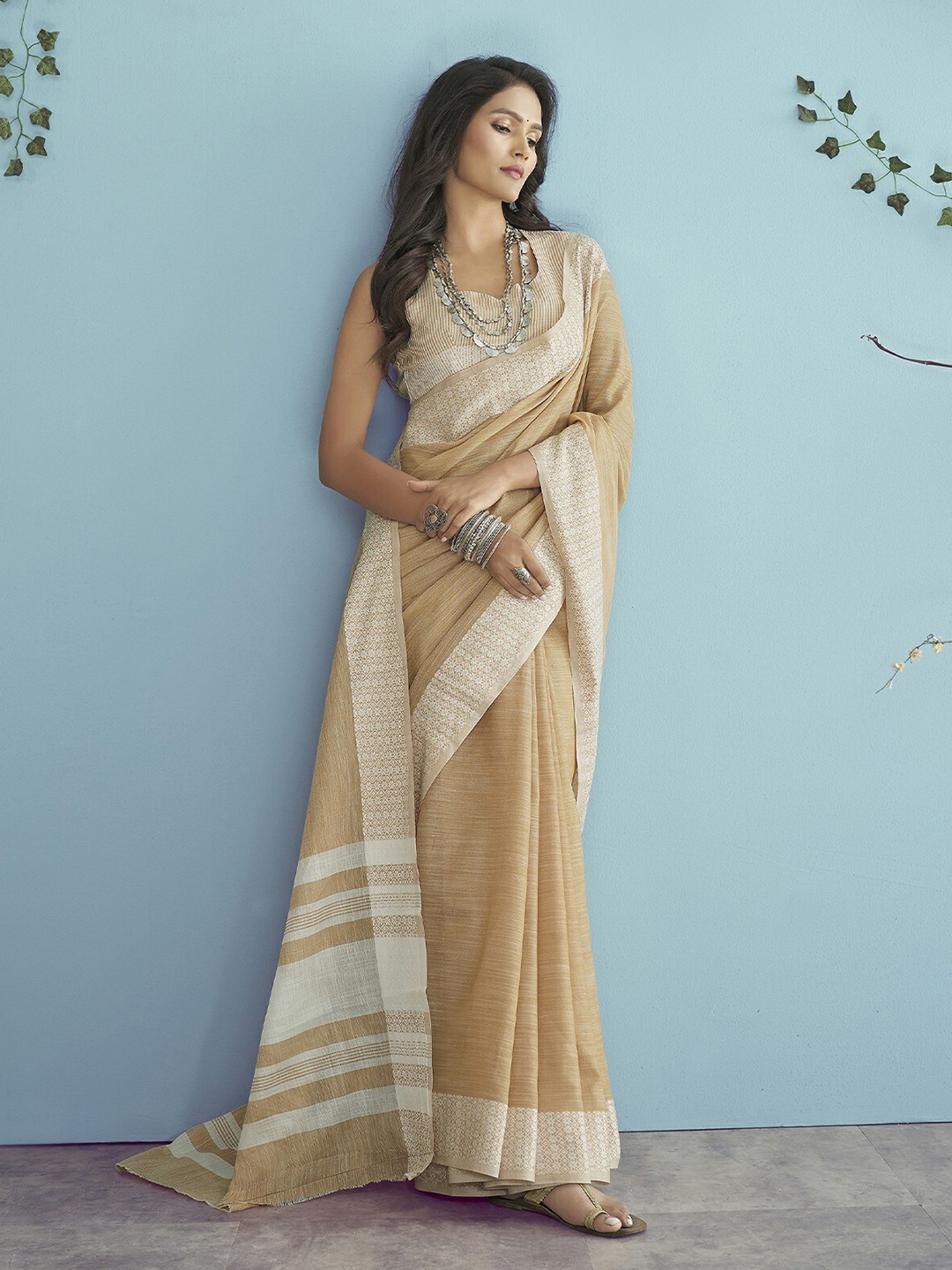 

ODETTE Woven Design Zari Border Saree, Cream