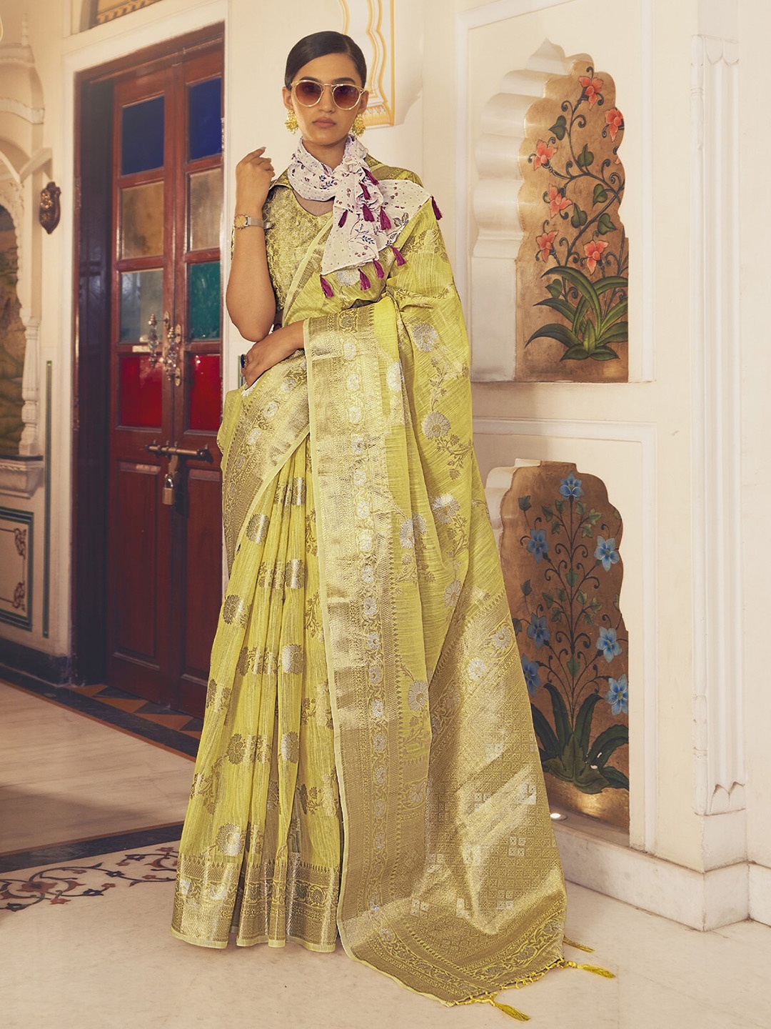 

ODETTE Woven Design Zari Saree, Yellow
