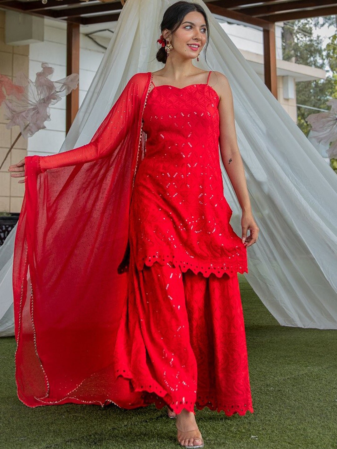 

Saadgi Women Ethnic Motifs Embroidered Chikankari Kurta with Sharara & Dupatta, Red