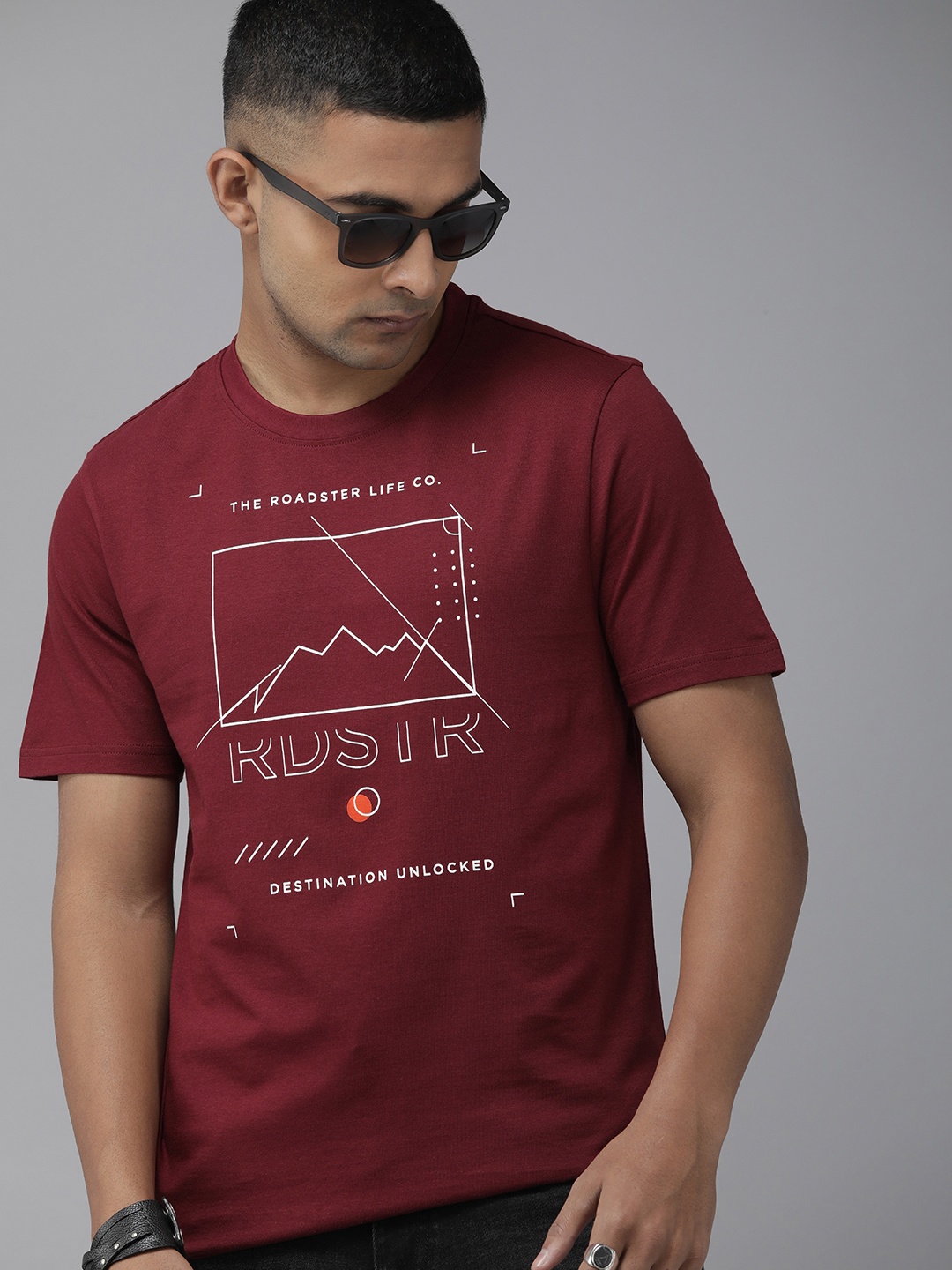 

Roadster Printed Pure Cotton T-shirt, Maroon