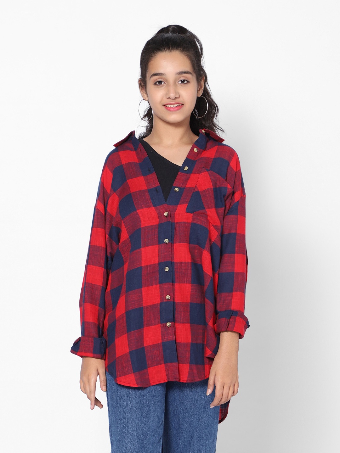 

TeenTrums Girls Boxy Buffalo Checked Casual Cotton Shirt, Red