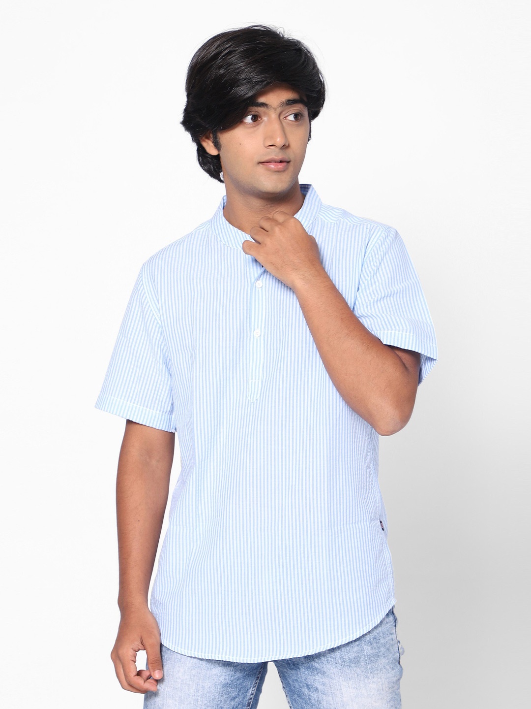 

TeenTrums Boys Slim Fit Pinstripes Striped Casual Shirt, Blue