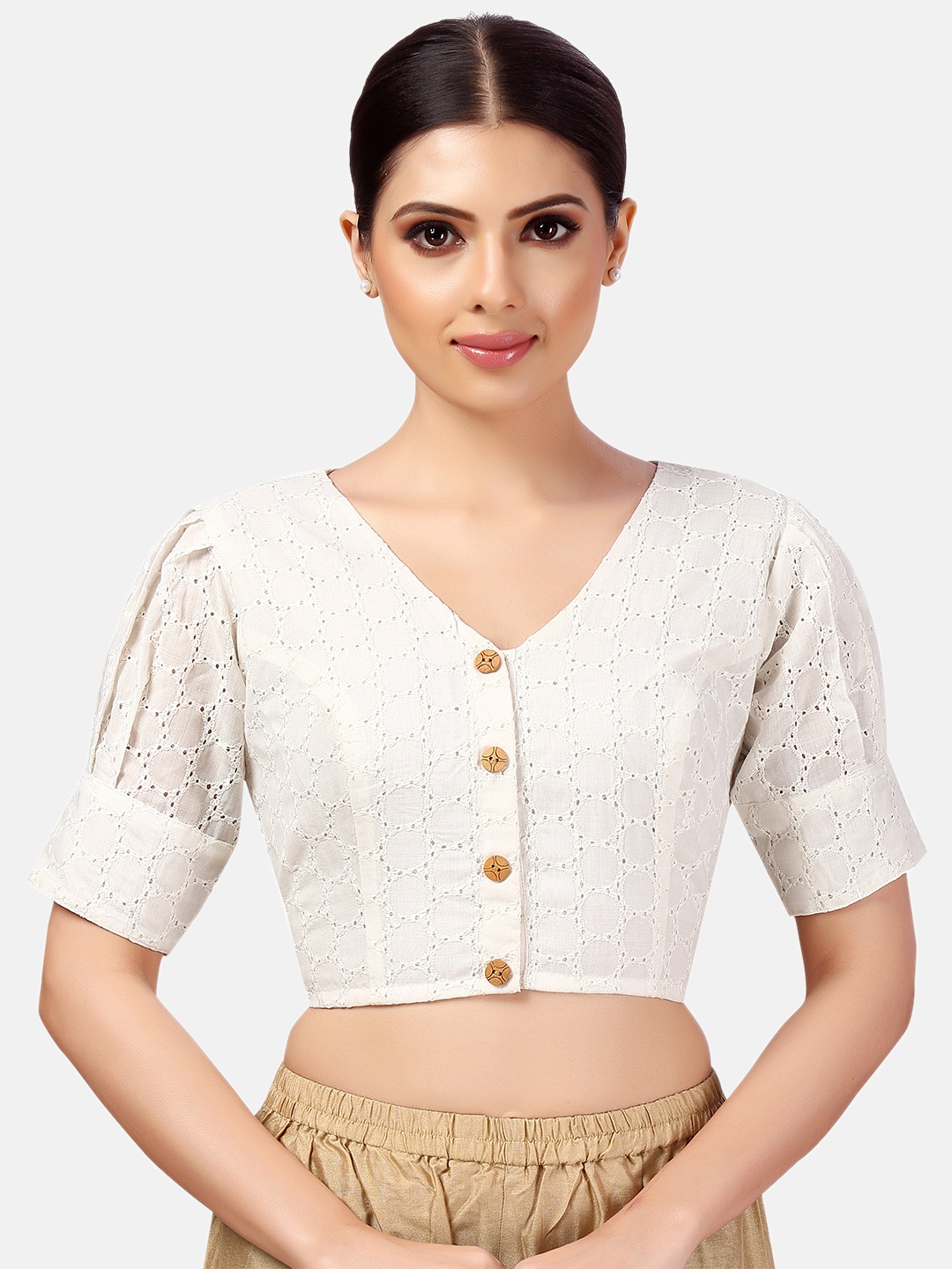 

Studio Shringaar Chikankari Embroidered Pure Cotton Saree Blouse, White