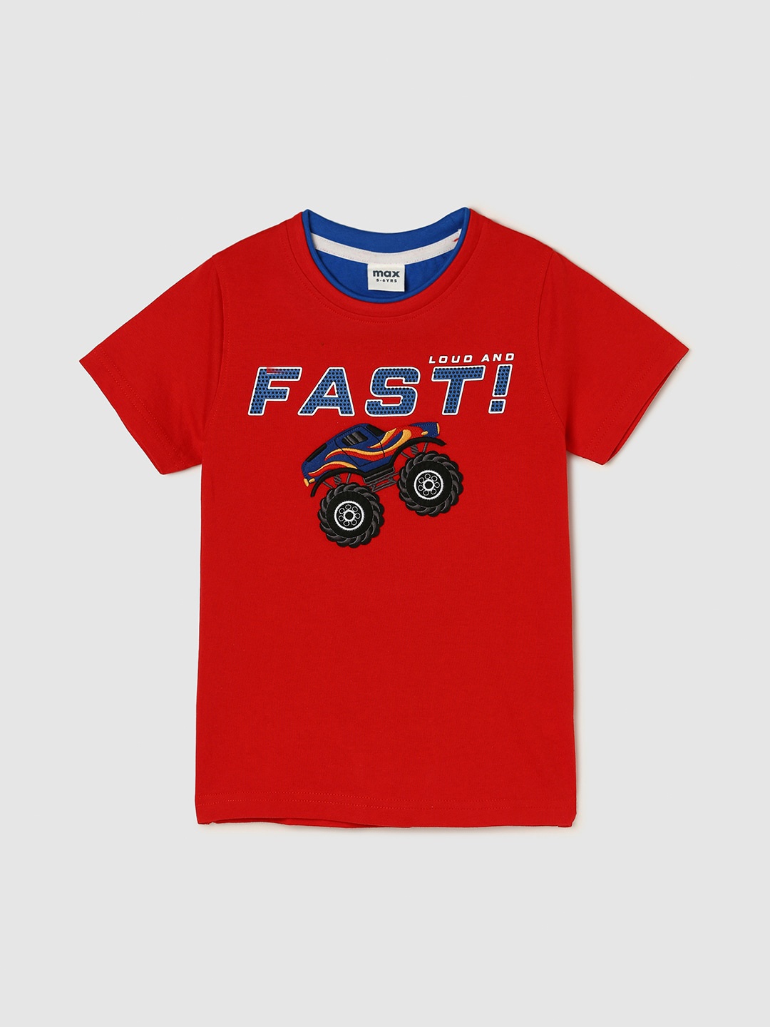 max Boys Typography Printed Applique Pure Cotton T-shirt, Red
