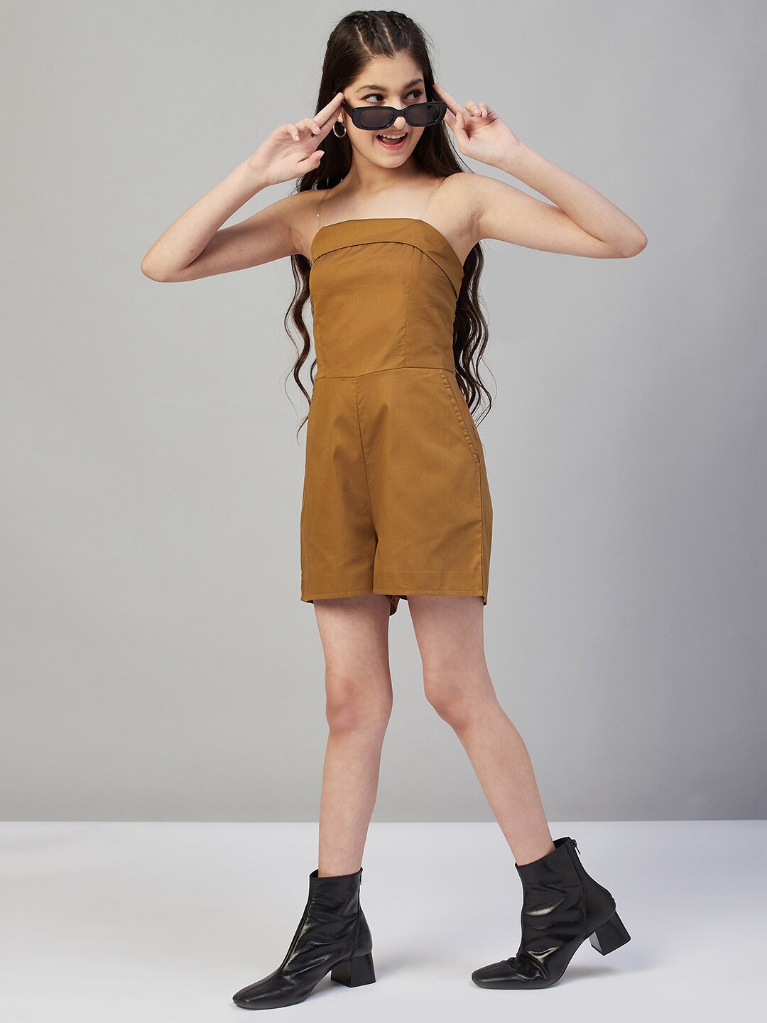 

Stylo Bug Girls Off-Shoulder Pure Cotton Playsuit, Brown