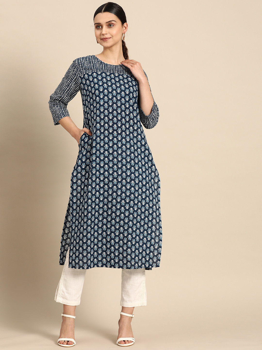 

Anouk Women Ethnic Motifs Printed Indigo Pure Cotton Kurta, Navy blue