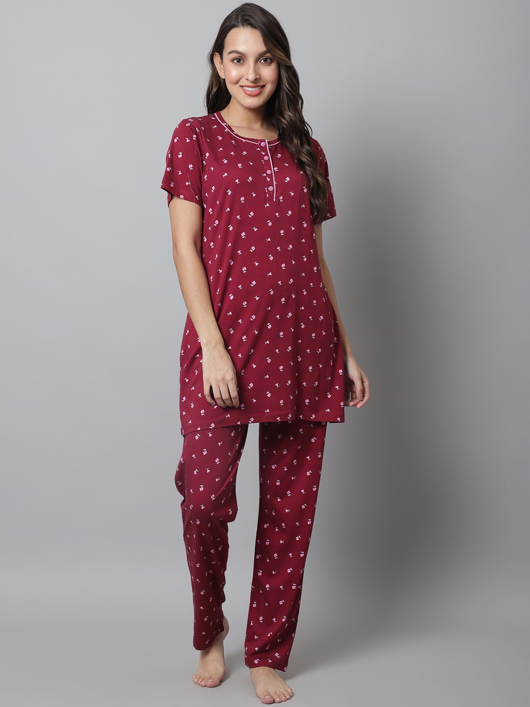 

Kanvin Women 2 Piece Floral Printed Night Suit, Burgundy