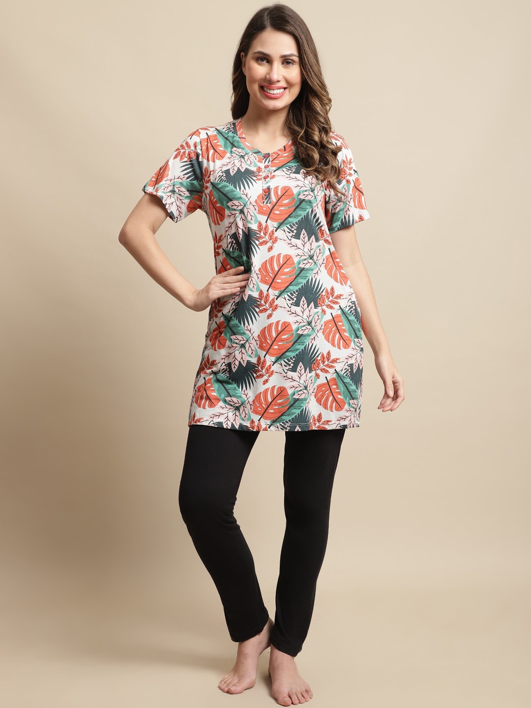 

Kanvin Women Tropical Printed Night Suit, Peach