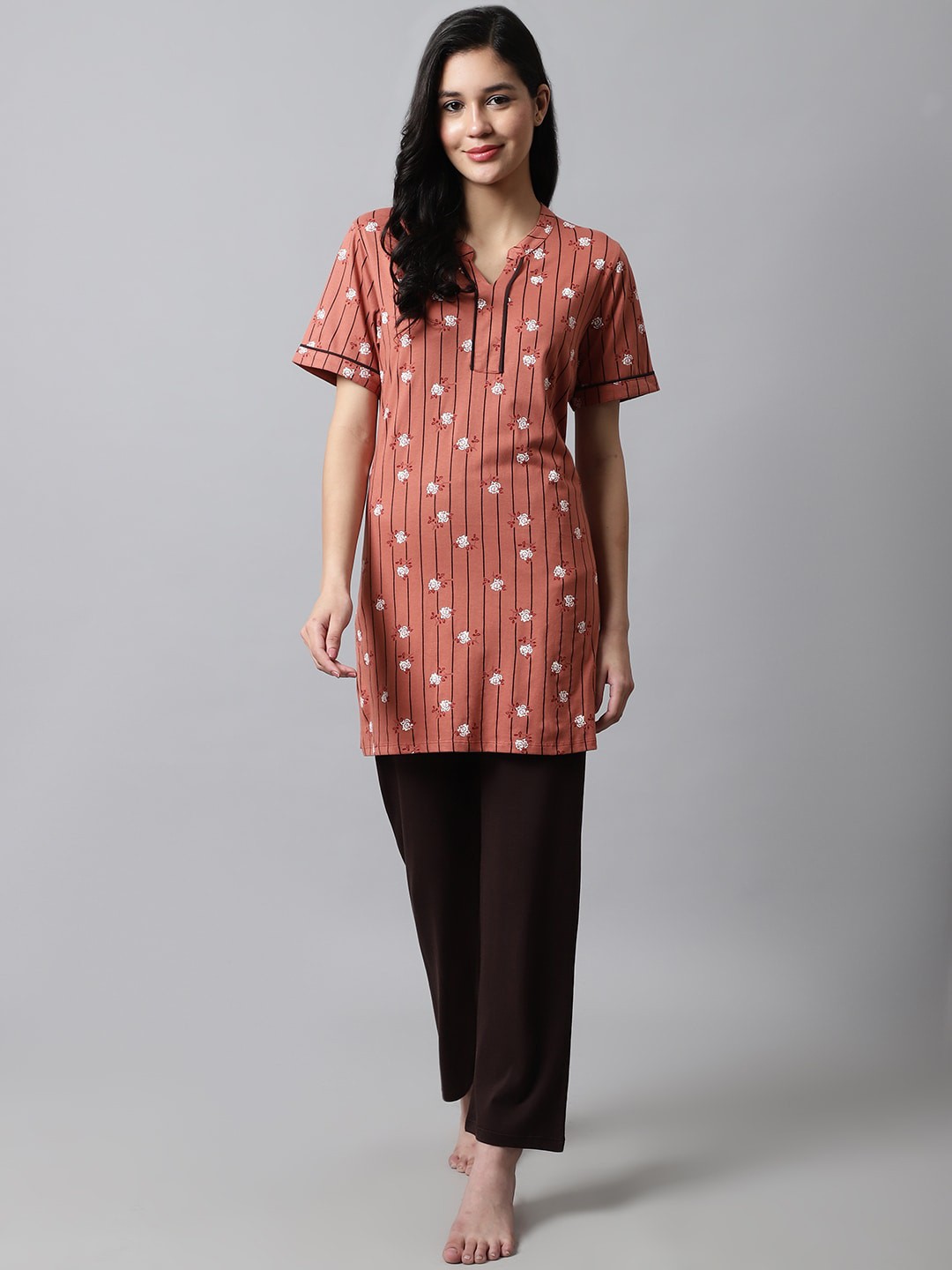 

Kanvin Women 2 Pieces Floral Printed Pure Cotton Night Suit, Rust