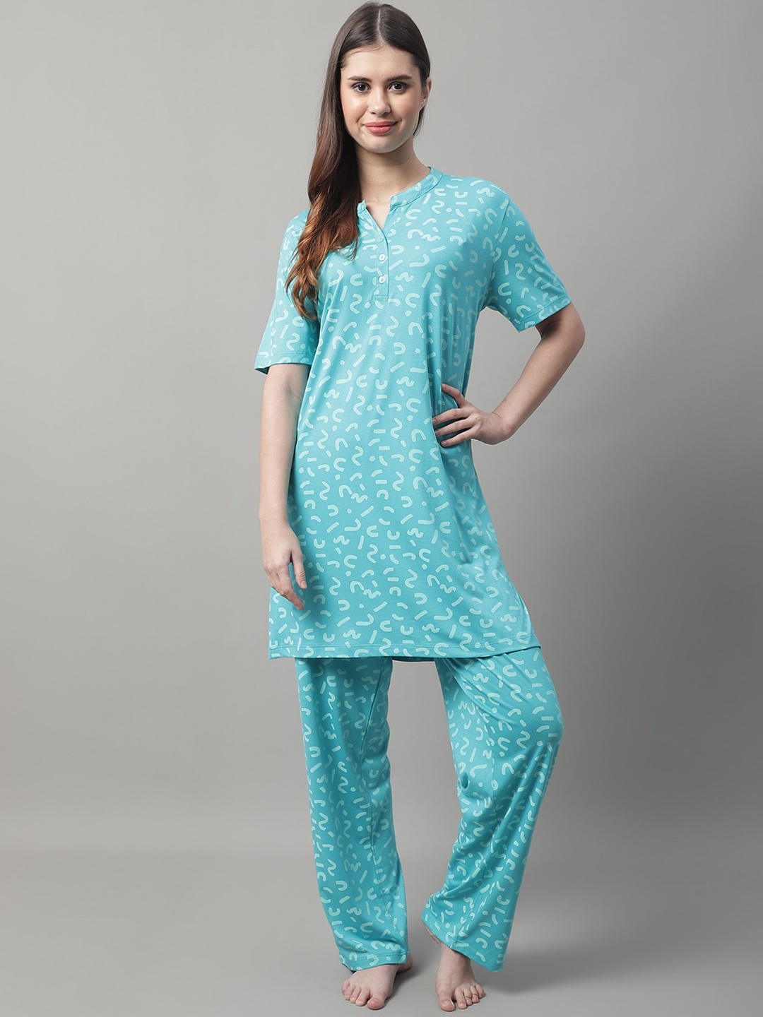 

Kanvin Women 2 Pieces Graphic Printed Night Suit, Turquoise blue