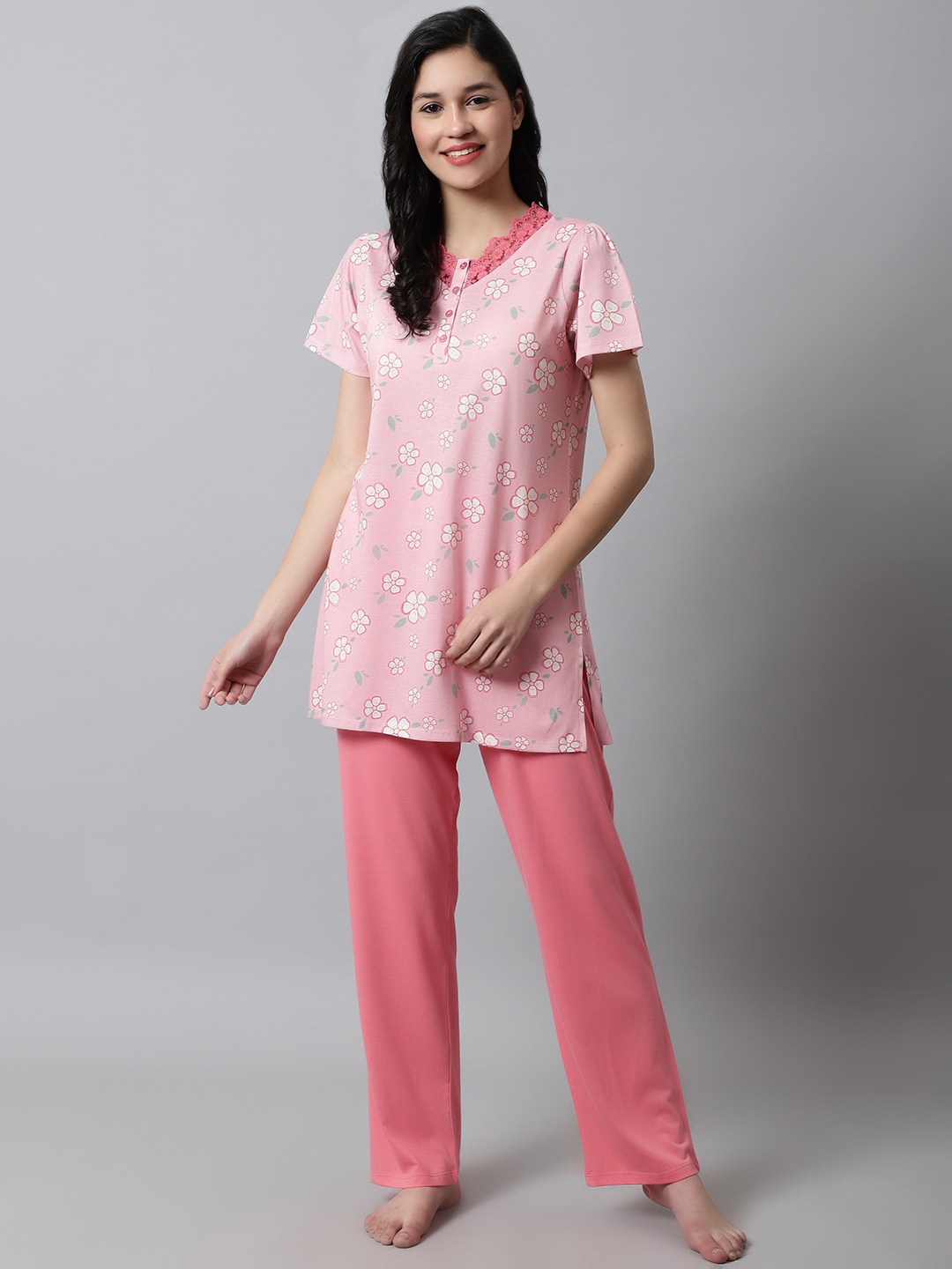 

Kanvin Women 2 Pieces Floral Printed Night Suit, Pink