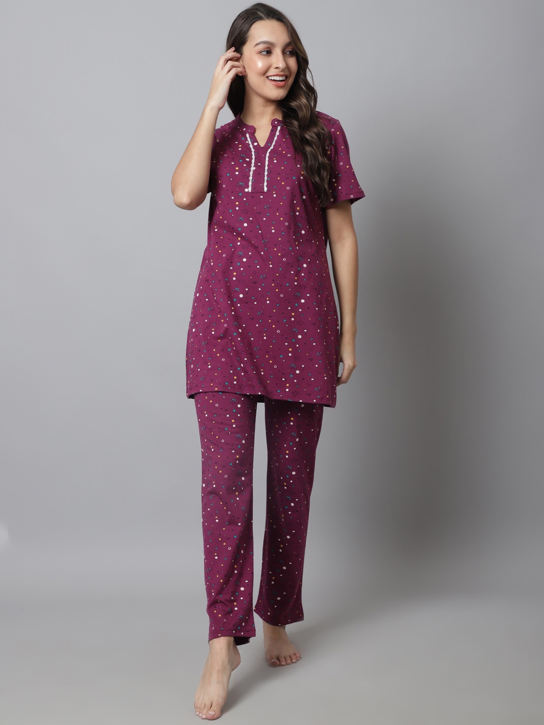

Kanvin Women 2 Pieces Geometric Printed Pure Cotton Night Suit, Purple