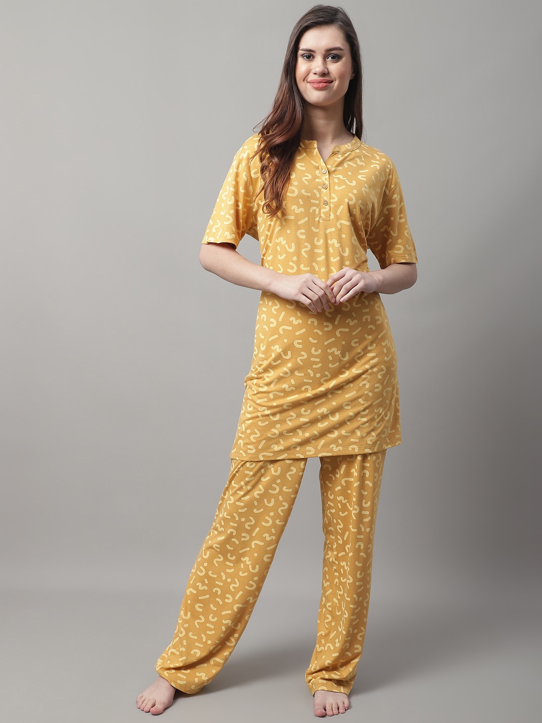 

Kanvin Women 2 Pieces Graphic Printed Night Suit, Mustard