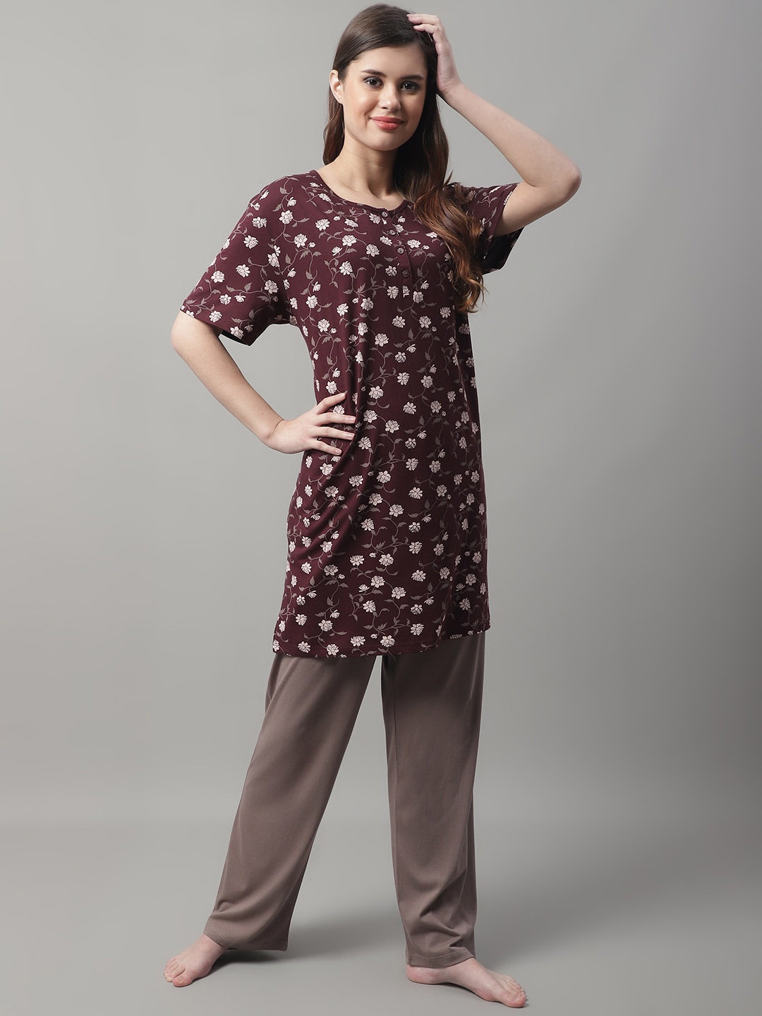 

Kanvin Women 2 Pieces Floral Printed Pure Cotton Night Suit, Brown
