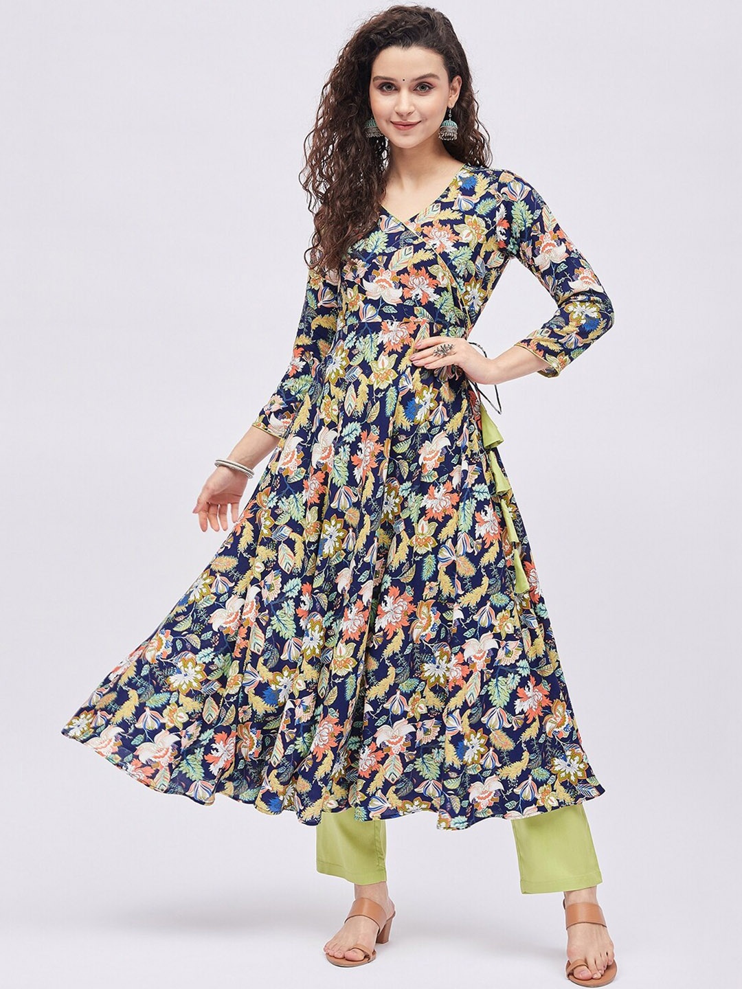 

Tissu Women Floral Printed Angrakha Anarkali Kurta, Navy blue