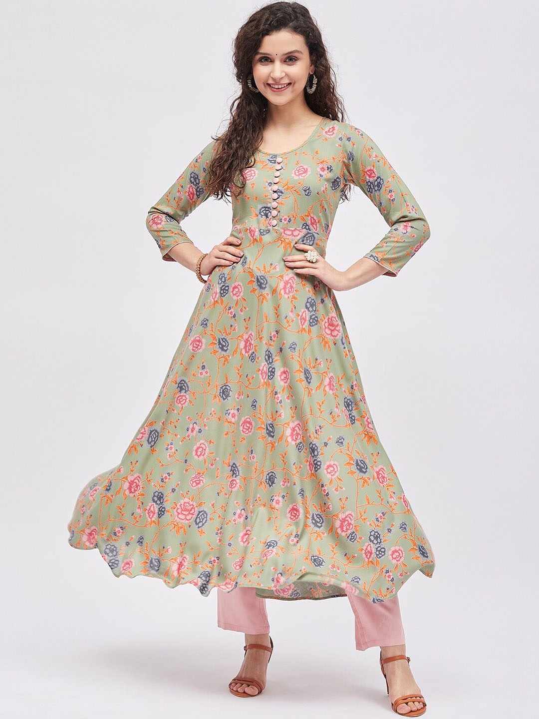 

Tissu Women Floral Printed Anarkali Kurta, Green