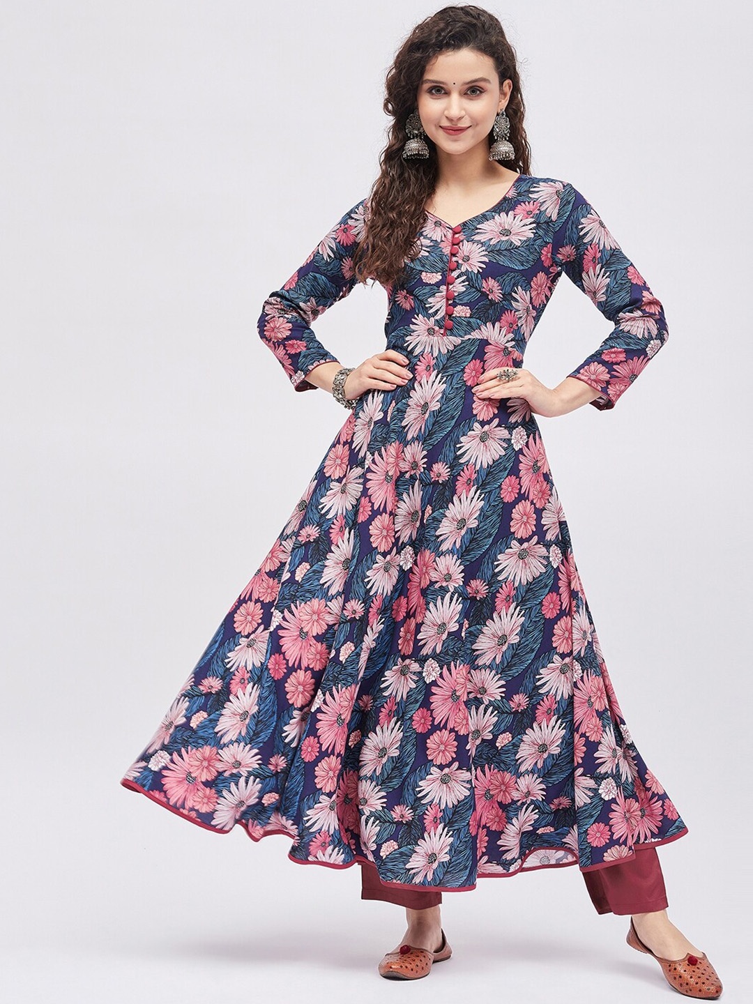 Tissu Women Floral Printed Anarkali Kurta, Blue