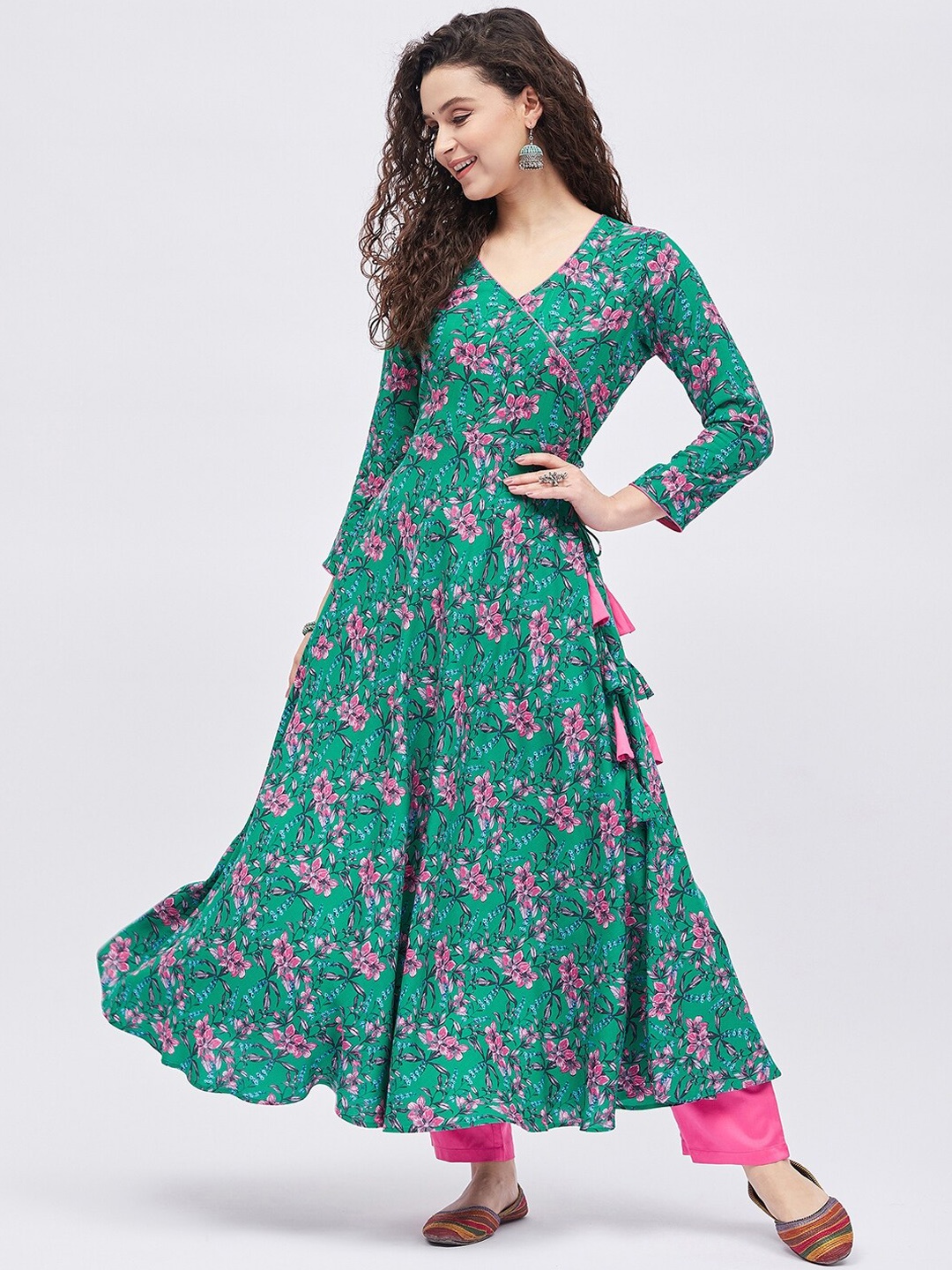 

Tissu Women Floral Printed Anarkali Kurta, Green